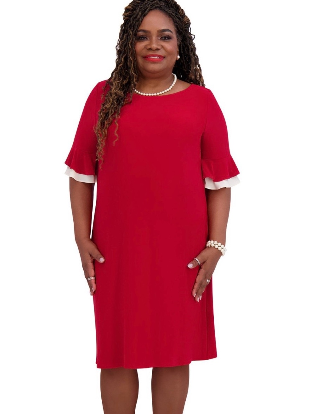 Red Ruffle Sleeve Shift Dress with White Trim XL NEW